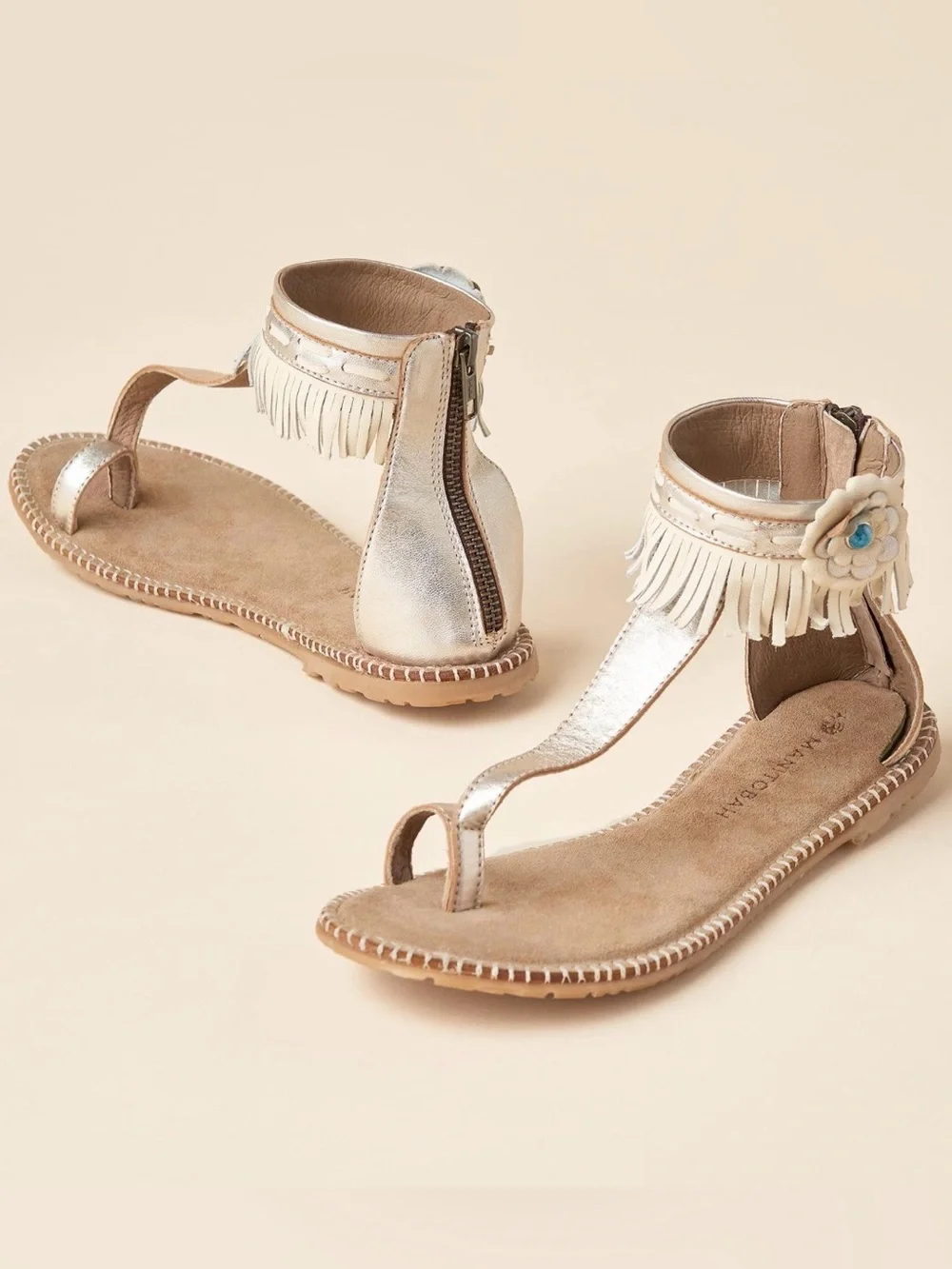 Manitobah Wasaga Ankle Sandals 8 Metallic Leather Fringe Floral Comfort